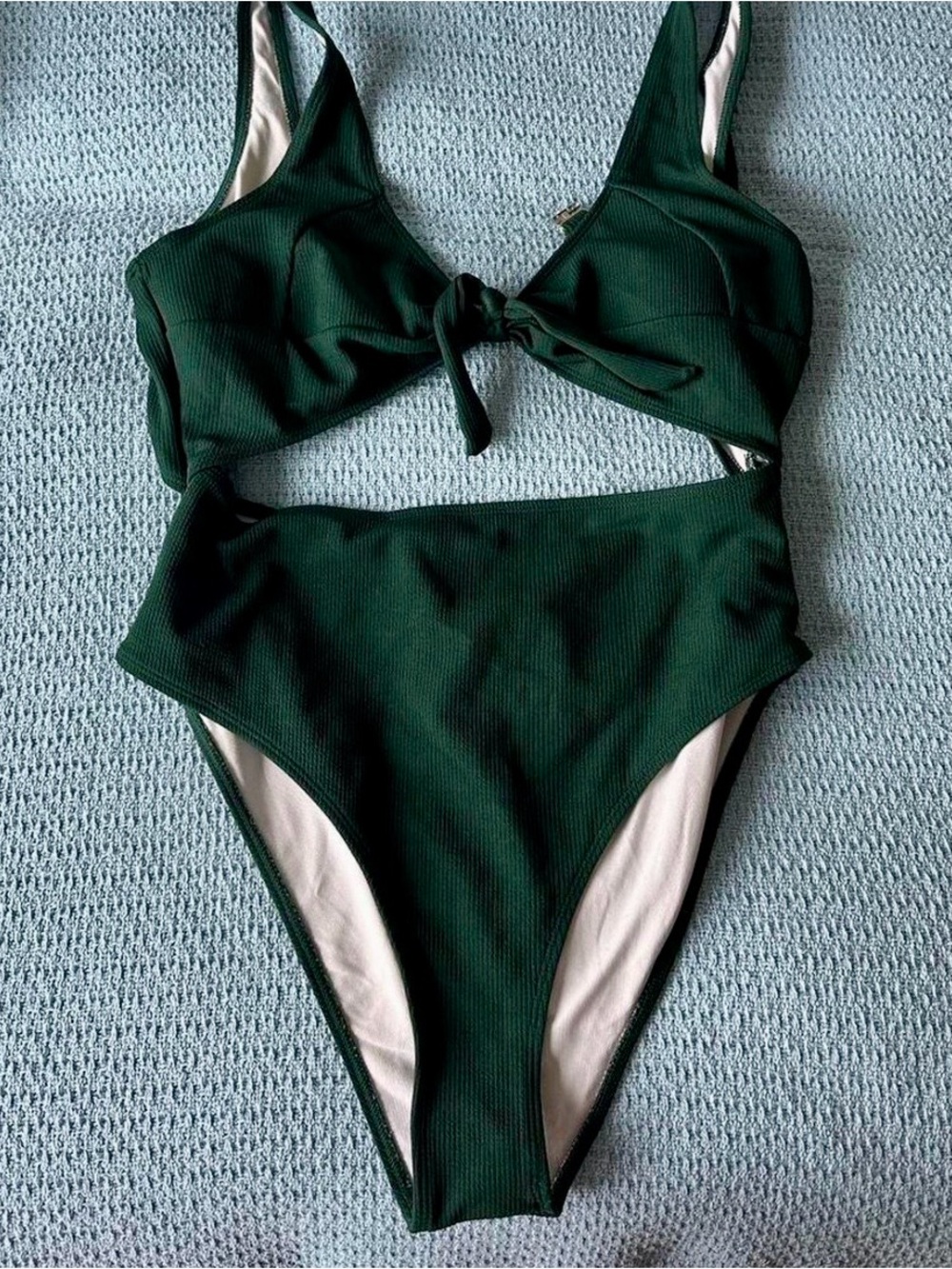 SHEIN Dark Green Ribbed Cutout One-Piece with Front Tie